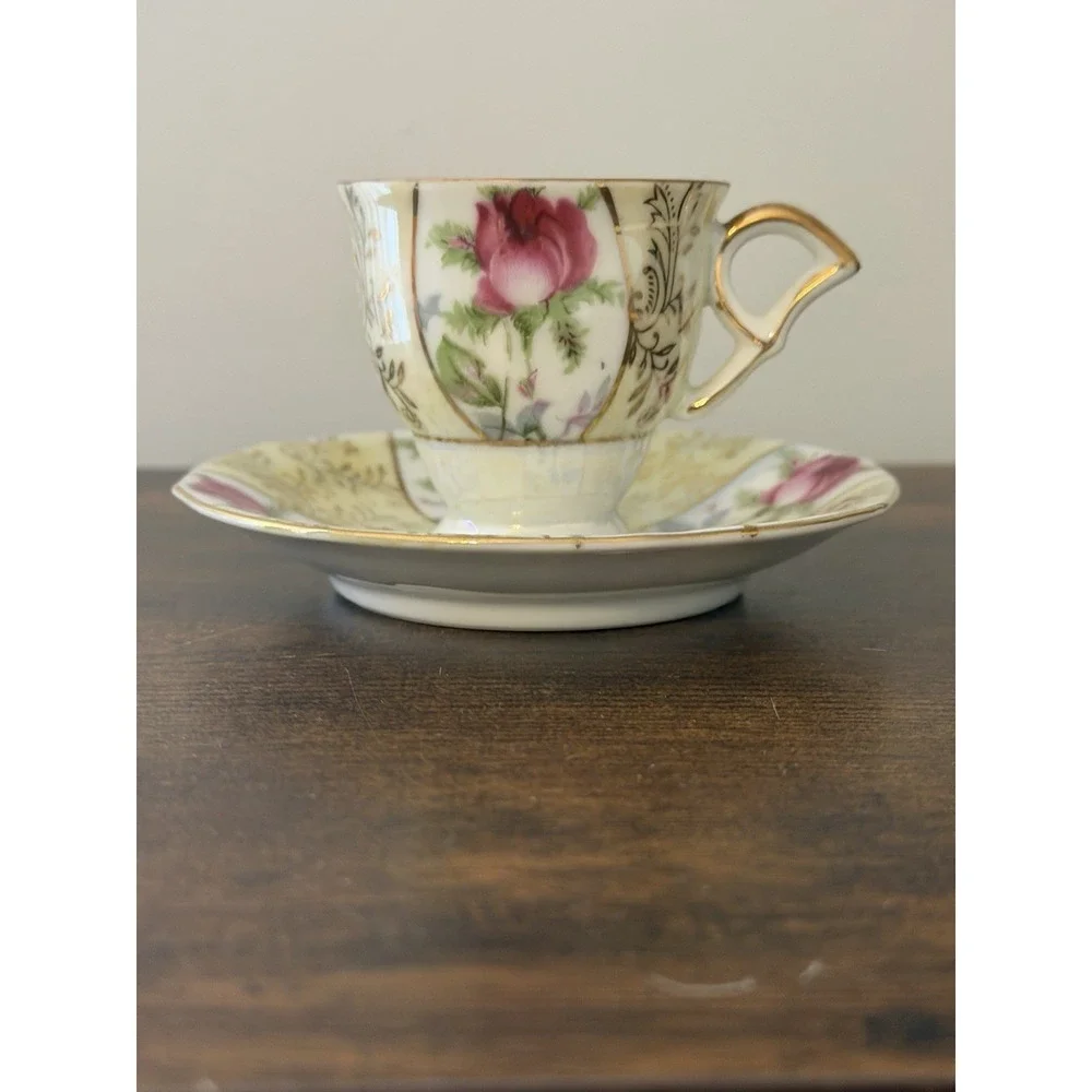 Vintage 1950s Japan Demitasse Cup Saucer Pink Roses Gold Lusterware Porcelain
